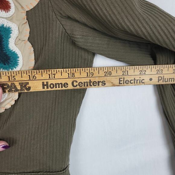 Aziz Womens Olive Cotton Embroidered‎ Flap Pockets One Button Blazer Jacket Sz L - Picture 11 of 12